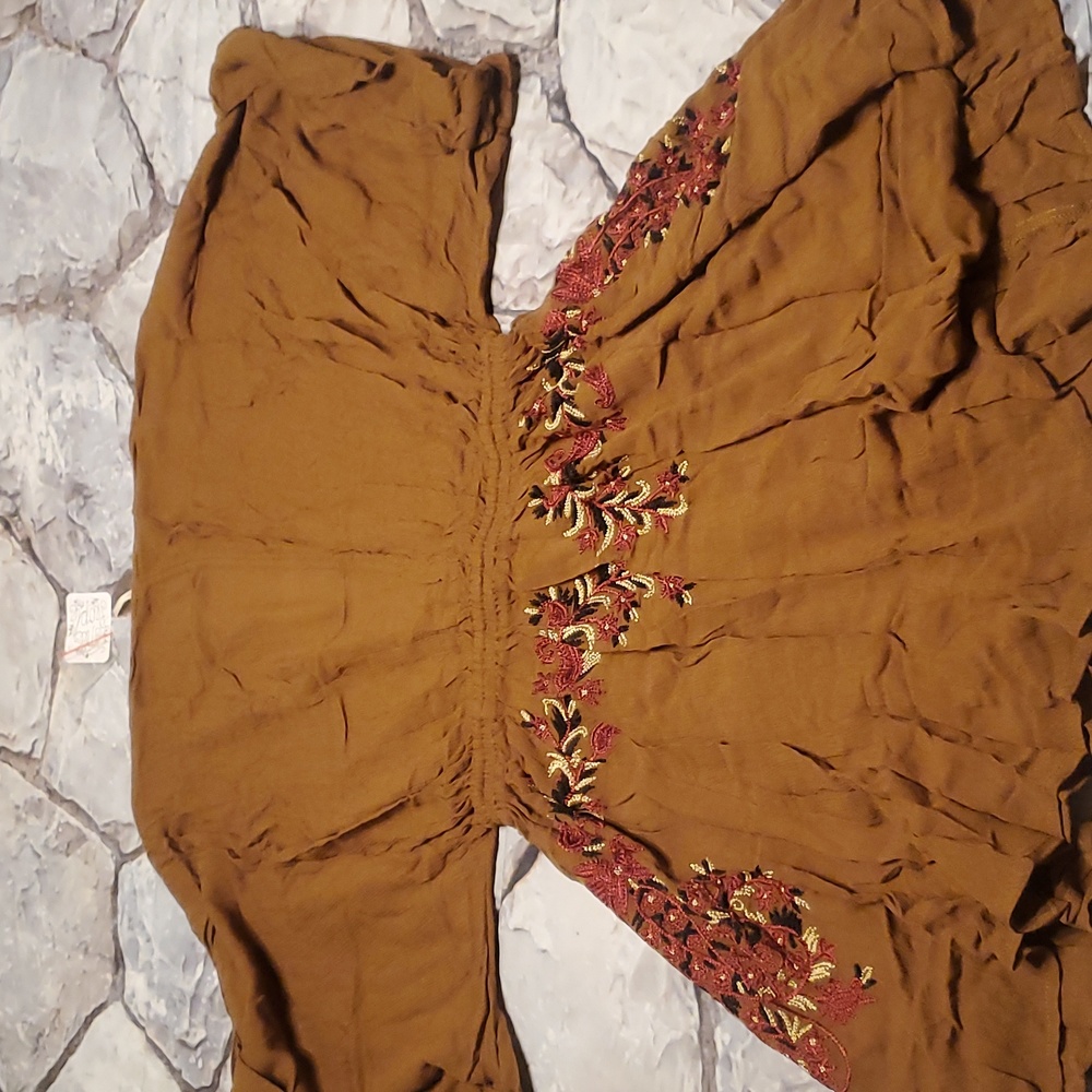 NWT Free People Pretty Pineapple Embroidered Dress S Brown Floral Boho V Neck - Picture 14 of 16